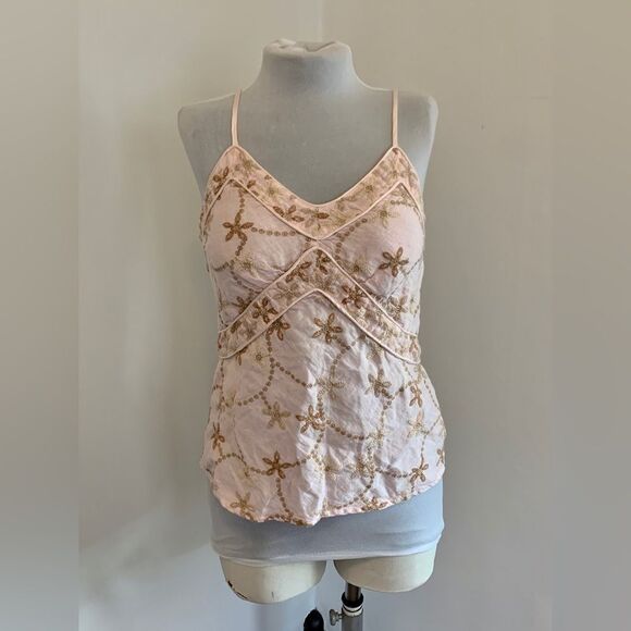 120% Lino Italy Floral 100% Linen Pink Tank Top embroidered 42 6 metallic corset - Picture 2 of 15